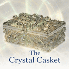 Ornate crystal casket with decorative metalwork and glowing light effects