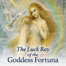 Goddess Fortuna with flowing golden hair and a dove, surrounded by a rainbow aura