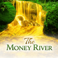 Golden waterfall flowing like a river of coins through a lush forest