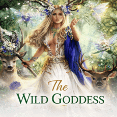Nature goddess surrounded by forest animals and glowing fairies