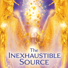 Woman with raised arms surrounded by golden light and falling coins between angelic figures