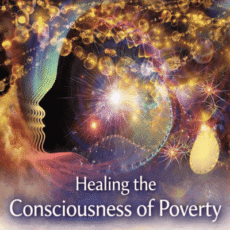 Abstract spiritual illustration of a human head silhouette filled with glowing light, geometric patterns, and golden particles