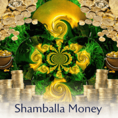 Green and gold abstract vortex surrounded by coins and money pots