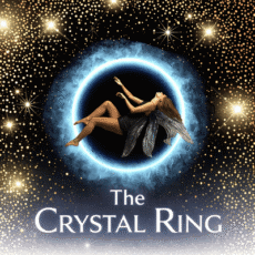 Fairy-like woman floating inside a glowing ring against a starry background
