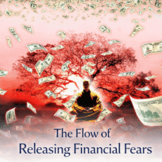 Meditating figure under a tree with floating dollar bills