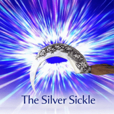 Silver sickle with engraved blade against a radiant blue and purple burst