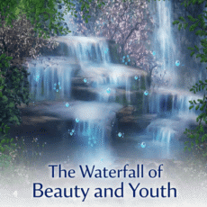 Serene multi-tier waterfall surrounded by lush greenery and glowing particles
